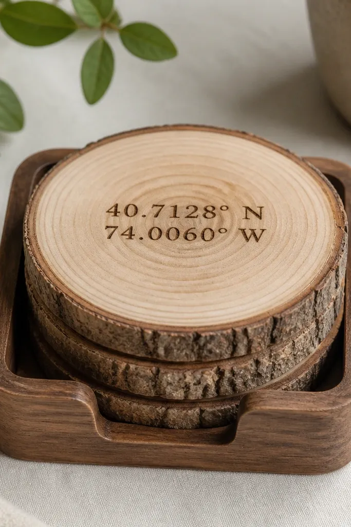 A set of round wood slice coasters with visible tree rings. Each coaster has burned coordinates in the center in dark brown, and they sit in a small tray.