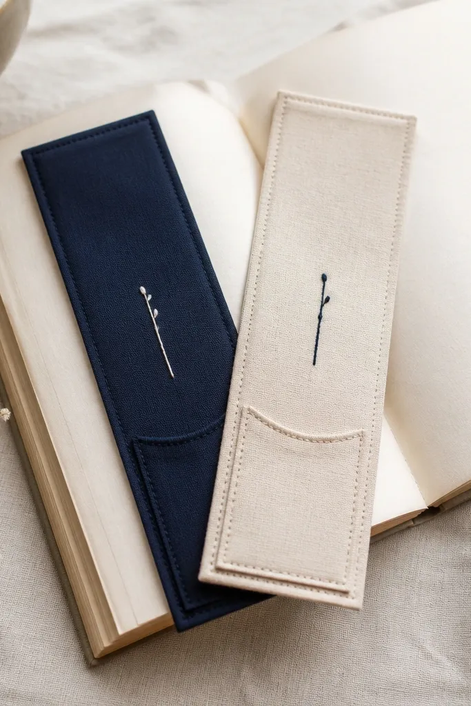 A set of two fabric bookmarks in navy and cream. Each has a small stitched pocket near the bottom and a short embroidered line.