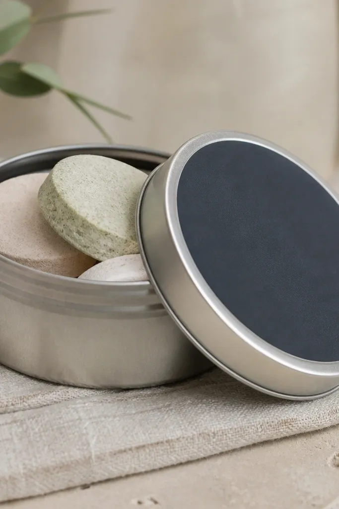 A small metal tin with lid. Inside are round shower steamers in pale colors. The lid has a date label in white text on a dark background.