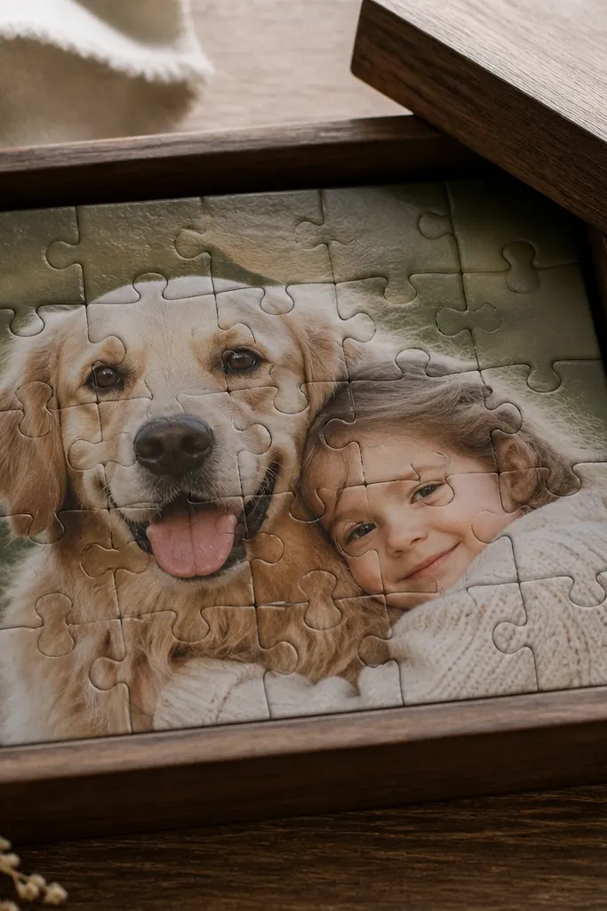 A small wooden jigsaw puzzle with a photo printed on top. The edges look slightly dark and sealed, and the pieces fit snugly in a wooden box.
