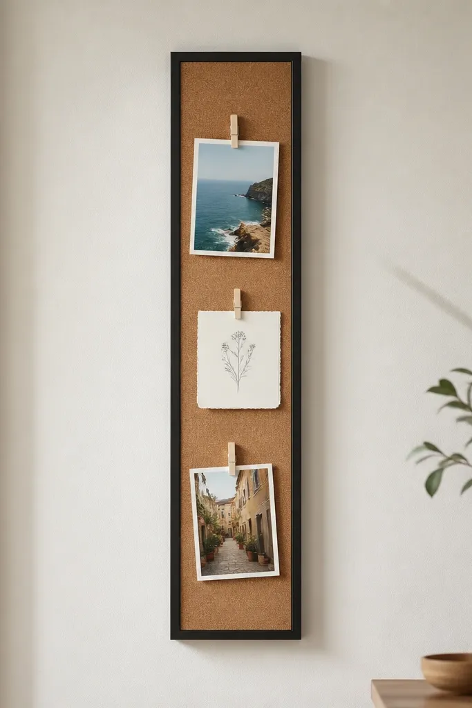 A narrow corkboard strip mounted on a wall. Small peg clips hold a few photos and a handwritten note. The cork is clean and framed in a thin black border.