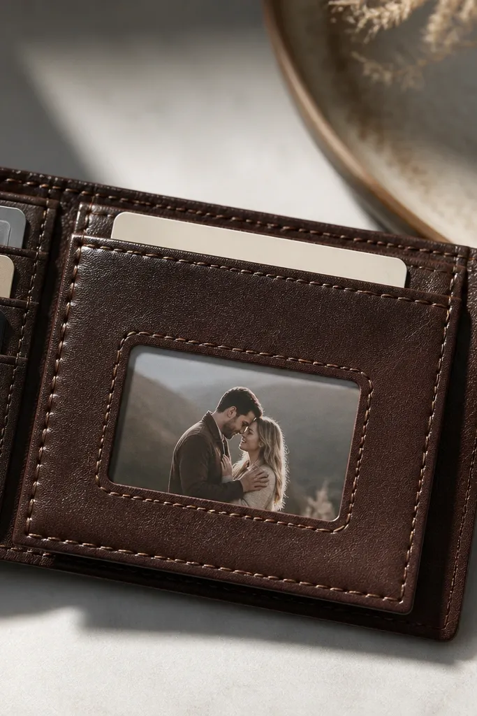 A slim leather wallet insert with a small window. A photo sits behind the window, and the edges are stitched. The insert slips into a wallet card slot.