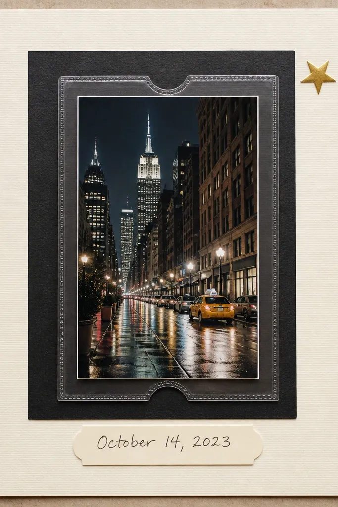 A 12x12 scrapbook page with a centered vertical photo of a city street at night. A clear plastic ticket window sits over the photo like a postcard frame, with a strip of black cardstock behind it. Handwritten date text runs along the bottom on a cream label, and a small gold star sticker is tucked near the top right corner.