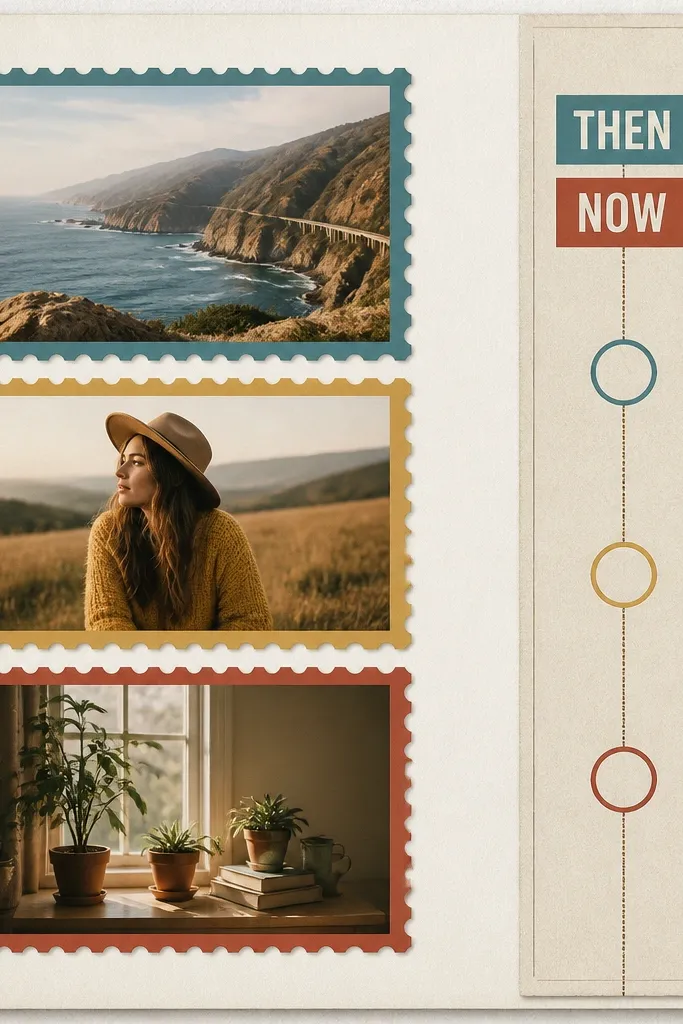 A scrapbook spread with three horizontal photos stacked vertically on the left side. Each photo has a faux postage stamp border in different colors: teal, mustard, and brick red. On the right side, a vertical strip of date stamps runs down with small circles and a "Then / Now" header in block letters.