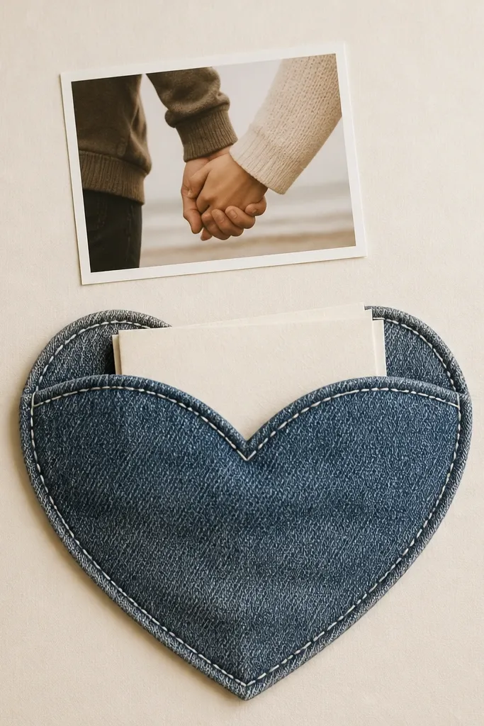 A 12x12 page with a large heart-shaped pocket made from soft denim fabric. A stitched seam runs along the heart outline using white thread. Inside the heart, a folded stack of small note cards peeks out. A single photo of two hands holding sits above the heart on a cream background.