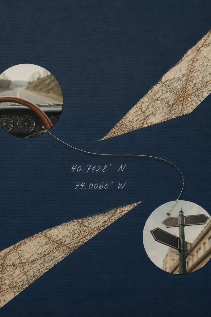 A 12x12 layout with a dark blue background. A printed vintage map strip runs diagonally from bottom left to top right. Two small circular cutouts show photos of a car dashboard and street signs. A handwritten line of coordinates sits near the center with a thin metallic thread drawn between them.