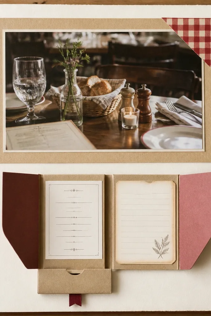 A scrapbook page with a small matchbook-style fold at the bottom center. The matchbook opens to reveal a menu print and a recipe card insert. Above it, a wide photo of a restaurant table sits on a tan mat with a red checkered corner accent.