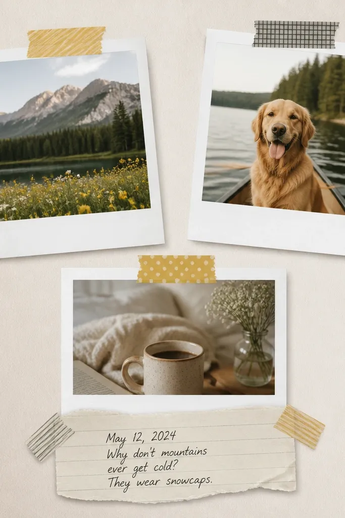 Three polaroid-style frames on a 12x12 page. Each frame has a white border and a slightly off-center photo. Yellow and gray washi tape strips appear to hold the frames down. A handwritten caption strip sits below the bottom photo with a date and a short joke.