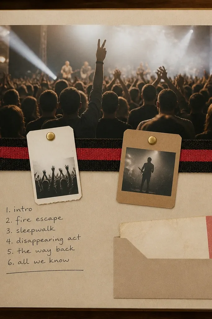 A page with a horizontal photo of a concert crowd at the top. Across the middle, a strip of black-and-red wristband material runs left to right, with two small tag cards attached using brads. The bottom section has a handwritten setlist line and a tiny ticket stub tucked into a pocket.