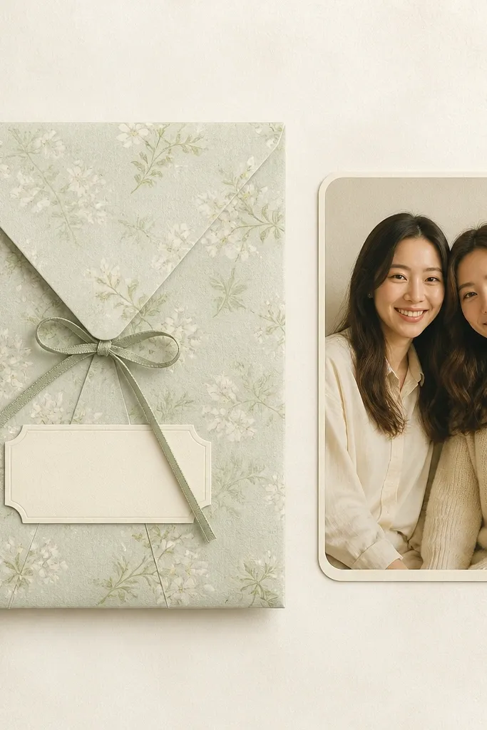A 12x12 page with a large envelope shape on the left side, made from patterned paper. A photo of both of you sits on the right side inside a rounded rectangle mat. The envelope flap is closed with a small ribbon tie, and a "Dear you" label sits on the front.