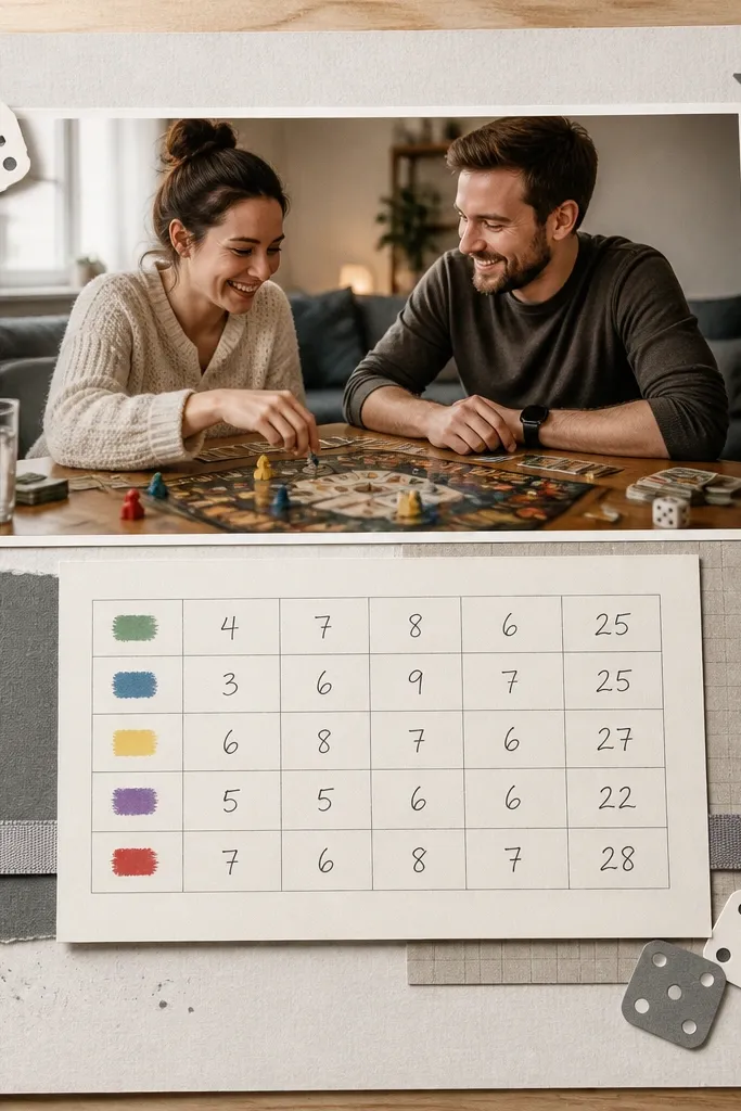 A scrapbook page with a top photo of you two playing a tabletop game. In the corners are small die-cut dice shapes in white and gray. The center has a scorecard grid printed on cardstock with handwritten scores. A thin ribbon runs under the scorecard like a bookmark.