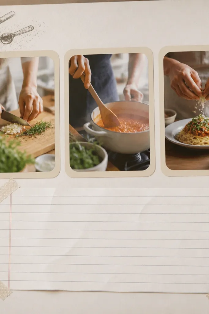 A page showing three small photos of cooking together: chopping, stirring, plating. Each photo sits in its own rounded rectangle mat. Across the bottom is a handwritten recipe on lined paper, taped down with cream washi tape. A small flour-dusted utensil doodle sits near the top left.