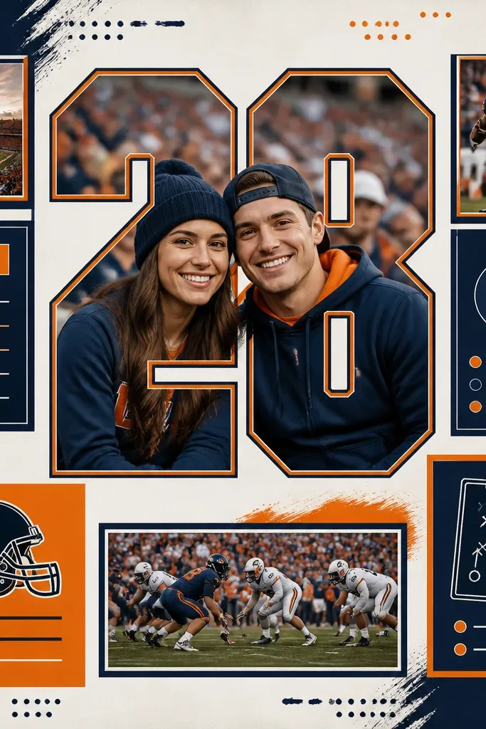 A 12x12 page with a jersey-number style centerpiece. A large number cutout sits behind a photo of you two at a game. Small cards around it show game stats, like "Final score" and "Favorite play." The page uses a two-color scheme: navy and orange.