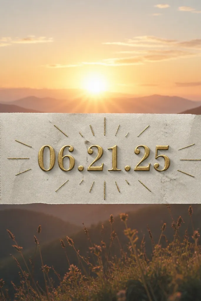 A 12x12 page with a sunrise photo background. A narrow strip of printed receipt paper runs across the middle. Over the receipt strip, a raised embossed date in gold sits in the center. Small inked rays extend outward from the date.