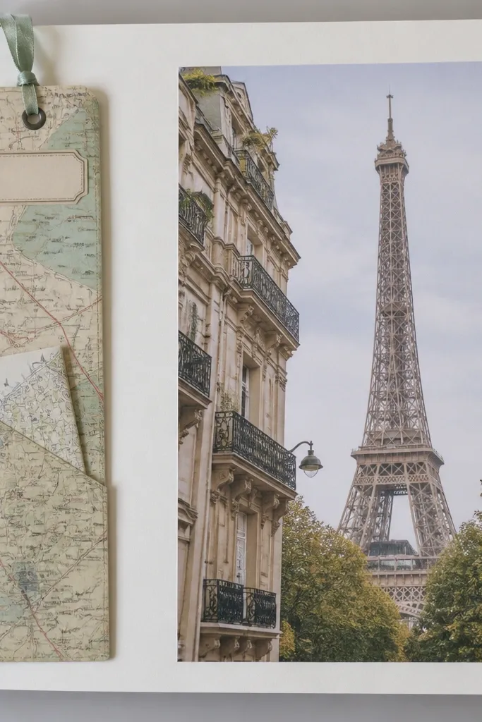 A 12x12 page with a vertical photo of a landmark on the right side. On the left side is a narrow bookmark insert made from laminated map paper, with a ribbon tassel. The bookmark has a small stamped label at the top that reads the city name. A pocket holds a folded mini map.