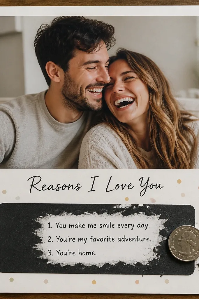 A 12x12 page with a large photo of you two laughing in the center. At the bottom is a scratch-off panel made from black cardstock with a coin rubbed across it. A handwritten header says "Reasons I Love You" and three short lines are hidden under the scratch area. Small confetti dots are stamped lightly around the panel.