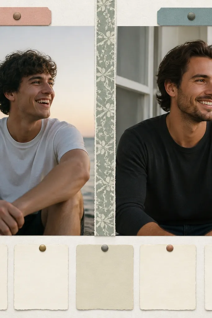 A side-by-side page with two photos: left is a candid "before" shot, right is a "after" shot from a more recent time. A vertical divider strip in patterned paper runs between them. Above each photo are small labels in different colors: "Then" and "Now." The bottom has a short list of 5 things you love about him.