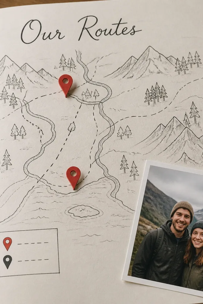 A page with a hand-drawn simple map in pencil and black ink. Two locations are marked with red paper pins shaped like teardrops. A photo of you two stands in the bottom corner. A title at the top reads "Our Routes," and a small legend box explains the pin colors.