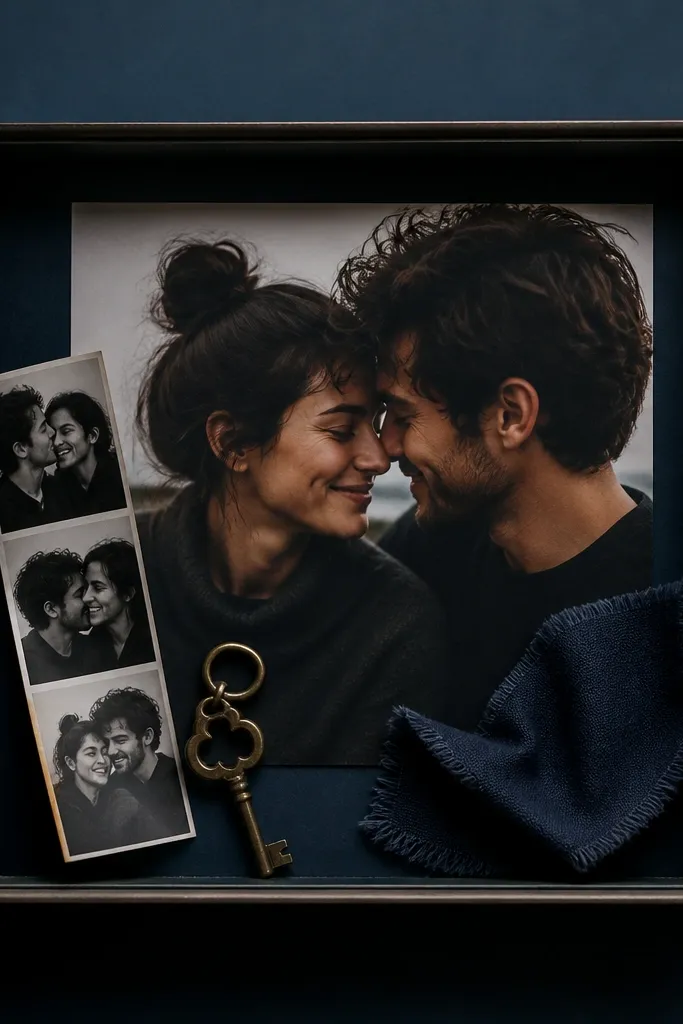 A 12x12 page that looks like a mini shadow box. A thin frame holds a small 3D arrangement: a tiny metal key charm, a folded photo strip, and a small fabric scrap. The main background is a dark blue gradient, and a photo of you two is centered behind the frame.