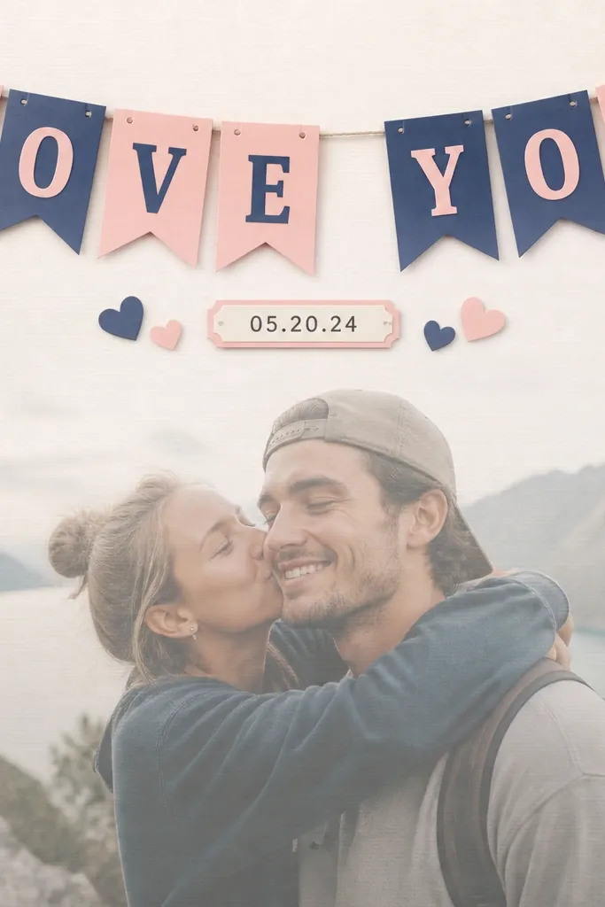 A 12x12 page with a banner made from two colors of cardstock. The banner spells out a short phrase in cut-out letters. Behind it, a wide photo of you two is slightly faded with a light overlay. Small heart stickers and a single date label sit under the banner.