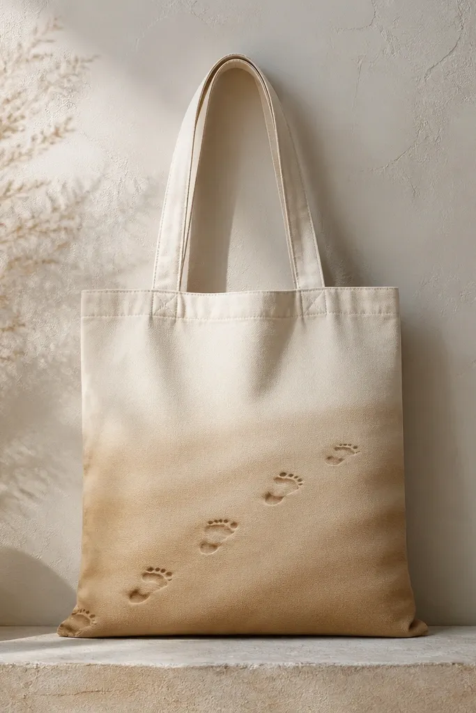 A cream canvas tote with a warm sand gradient from light beige at the top to deeper tan at the bottom. Three sets of small footprint shapes trail diagonally across the lower half, with slightly darker edges like real tracks.