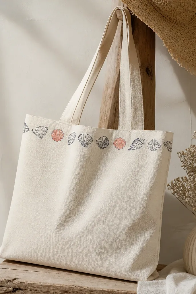 A light natural tote with a thin border along the top edge. The border is made of repeated shell line drawings in dark navy, and a few shells are colored in coral and muted peach.