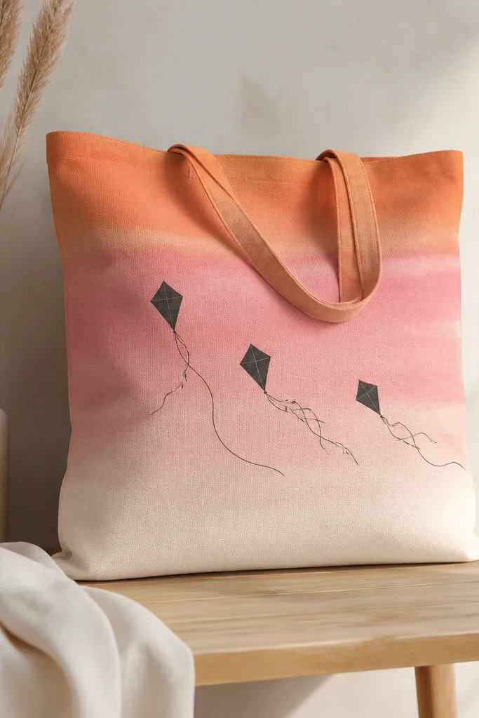 A tote bag painted with a sunset gradient: peach and coral at the top, soft pink in the middle, then pale cream near the bottom. Three kite shapes float across the center in dark charcoal, each with thin tails.