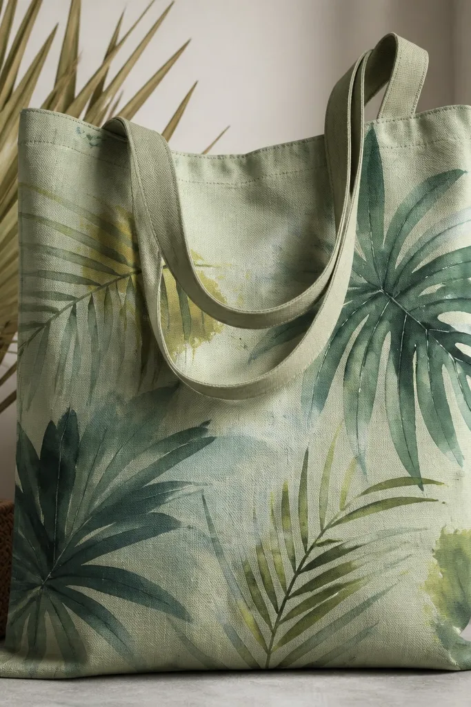 A muted sage canvas tote with loose palm leaf shapes in layered greens and teals. Edges fade softly like watercolor, with tiny yellow-green highlights and a few speckled dots.