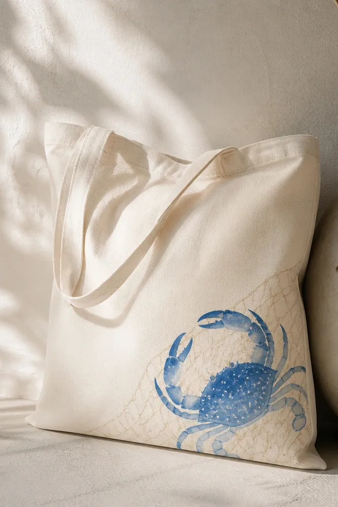 A cream tote with a crab illustration in corner placement. The crab body is painted in medium cobalt and light blue, with tiny white dots on the shell and thin net lines behind it like a fishing net pattern.