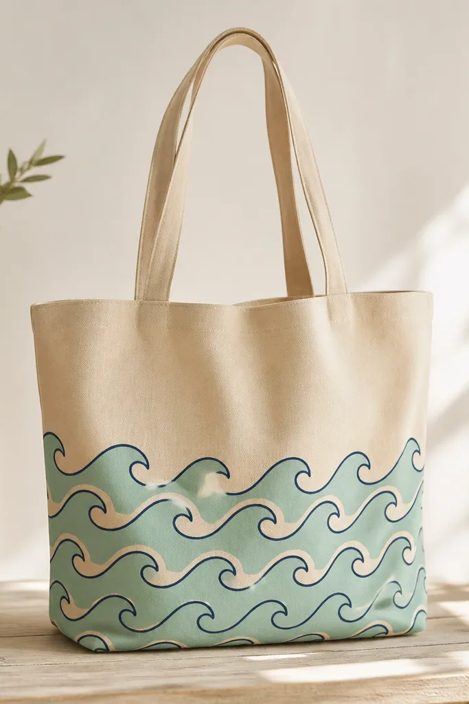 A light tan tote with a repeating pattern of wave crests across the lower half. The crests are navy outlines filled with seafoam, repeated in neat rows that curve slightly with the bag's shape.