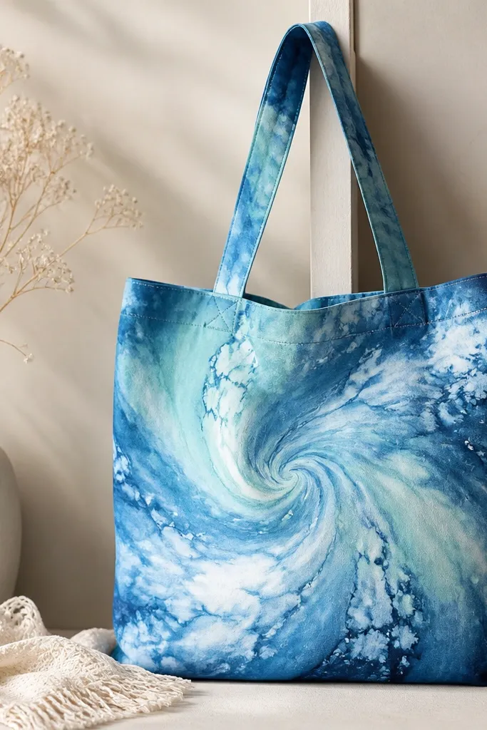 A tote with a swirling tie-dye effect in ocean blues. The center swirl is lighter, with seafoam streaks and deeper navy edges, and small white clouds where alcohol pulled pigment outward.