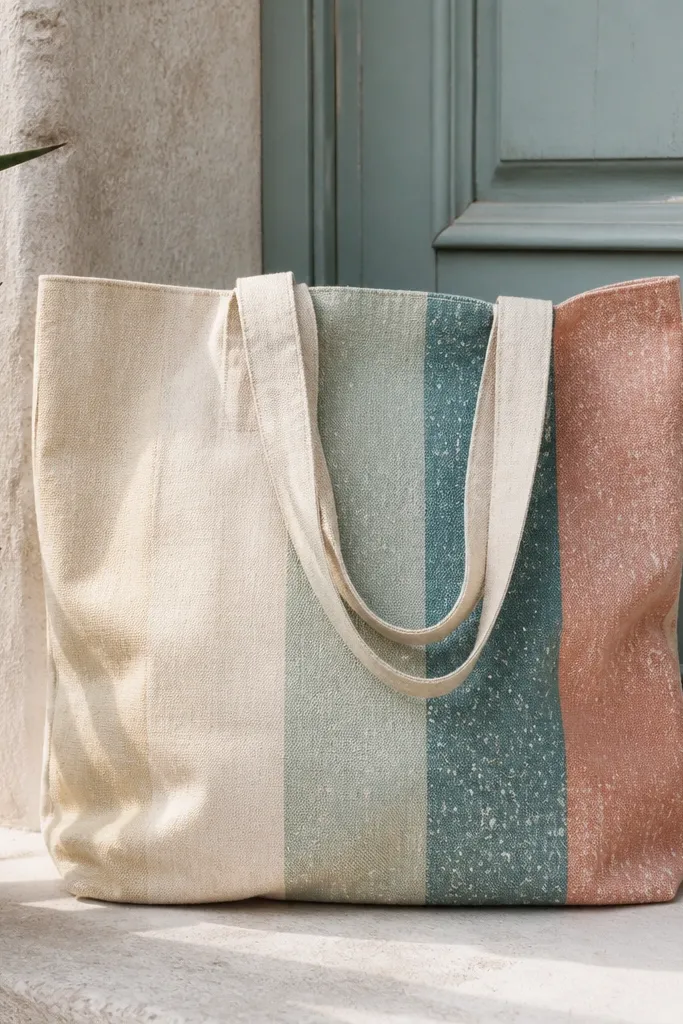 A tote with vertical sunbleached stripes. The stripes fade from pale cream to muted teal and dusty coral, and there are scattered white speckles across the stripes like salt residue.