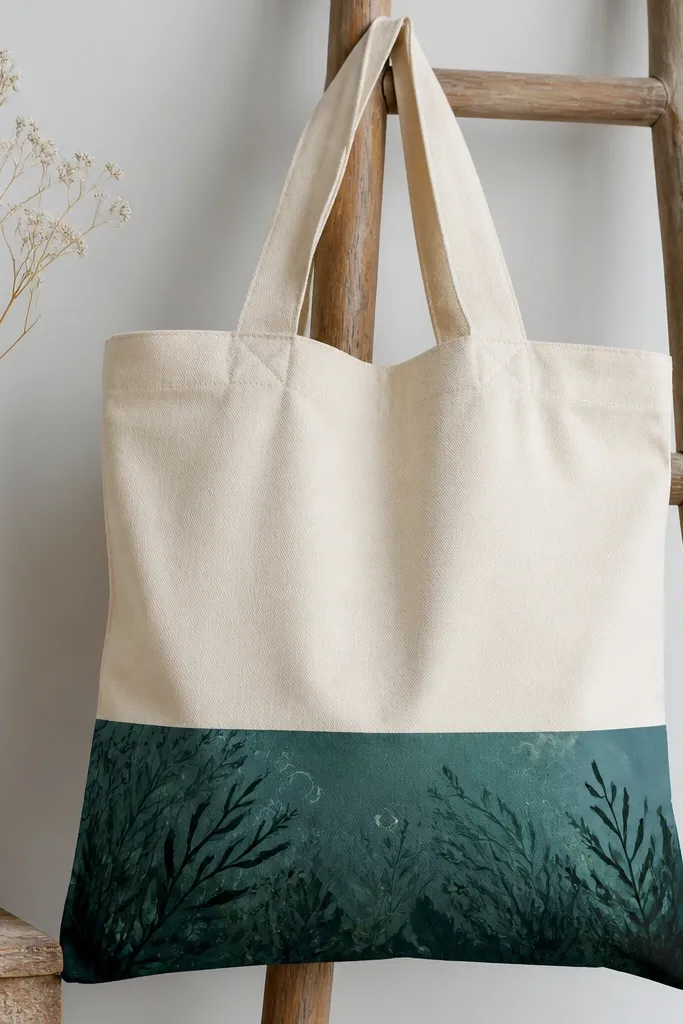 A tote bag painted with a dark teal tide pool band across the bottom. Inside the band are thin seaweed silhouettes in black and deep green, plus a few lighter bubbles drawn as small circles.