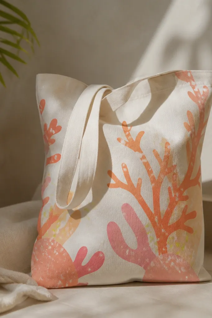 A light canvas tote with coral reef shapes painted as blobs and branching forms in coral, pink, and orange. A few areas have tiny neon-lime highlight dabs and small white bubbles.