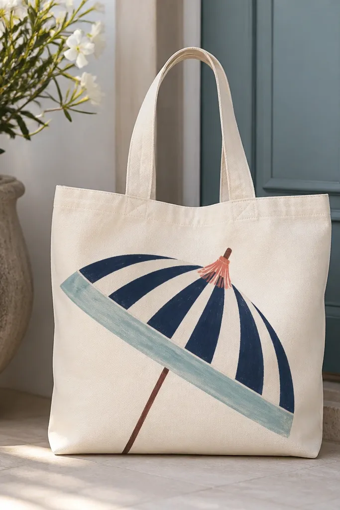 A tote with a large painted umbrella tilted to one side. The umbrella has alternating navy and white stripes with a pale aqua rim, and the handle area has short fringe-like brush strokes in coral.