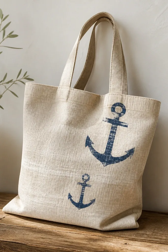 A natural tote with two navy anchors - one near the top corner and one smaller below. Over the anchors and lower area, chalky white dry brush streaks give a worn, sun-faded look.