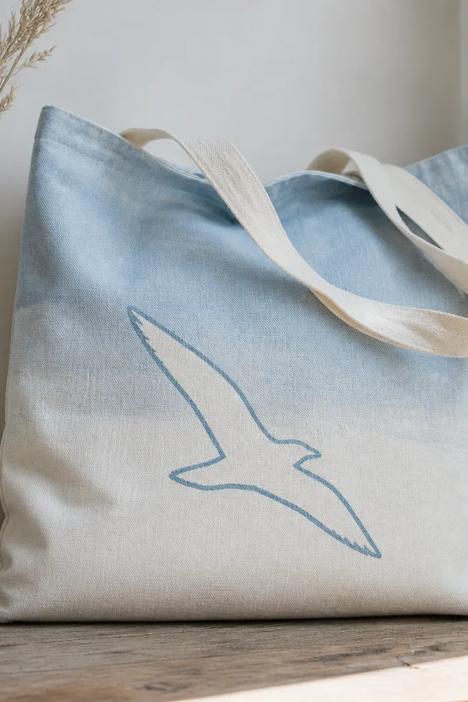 A tote with a pale sky wash in the upper half - light blue fading to almost white. A seagull silhouette sits in the center, painted by leaving the fabric unpainted and tracing only the shadow lines in darker blue.