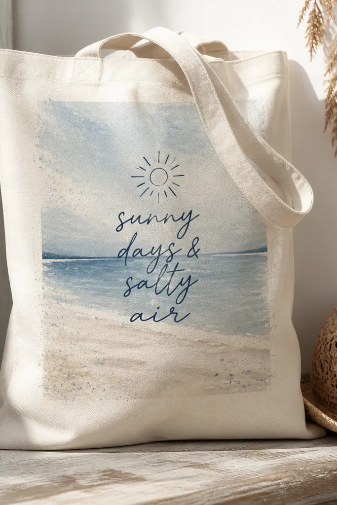A tote with a watercolor rectangle panel in pale blue and sand tones. Inside it, handwritten beach text is done in dark navy, with a small sun icon above the words and faint splatter around the panel.