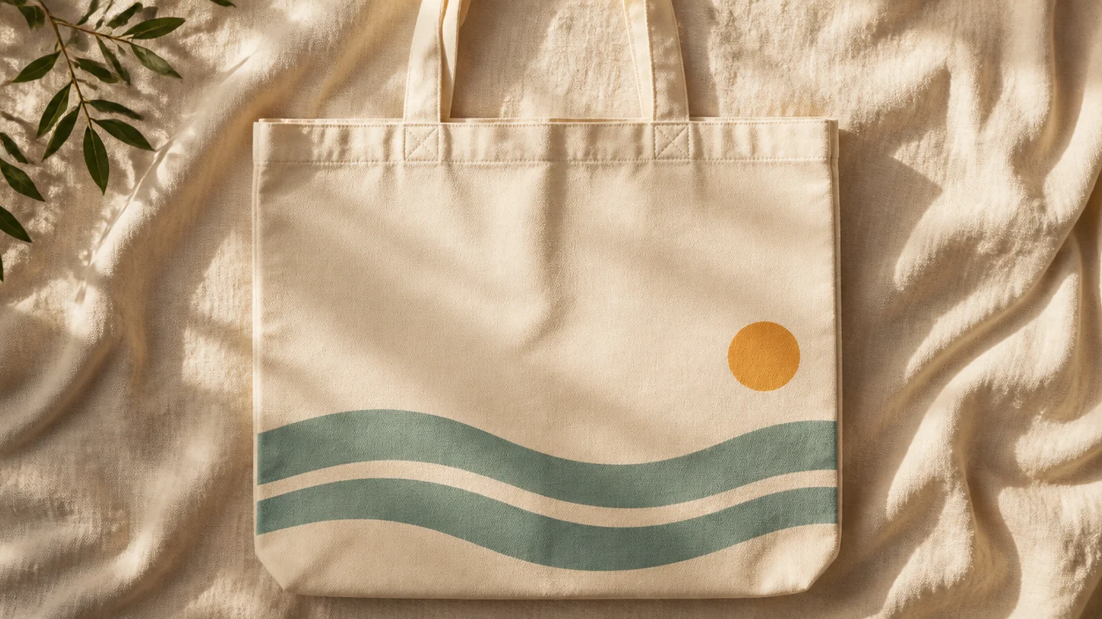 A cream canvas tote with two flowing teal wave lines and a small ochre sun in the corner across the lower front.