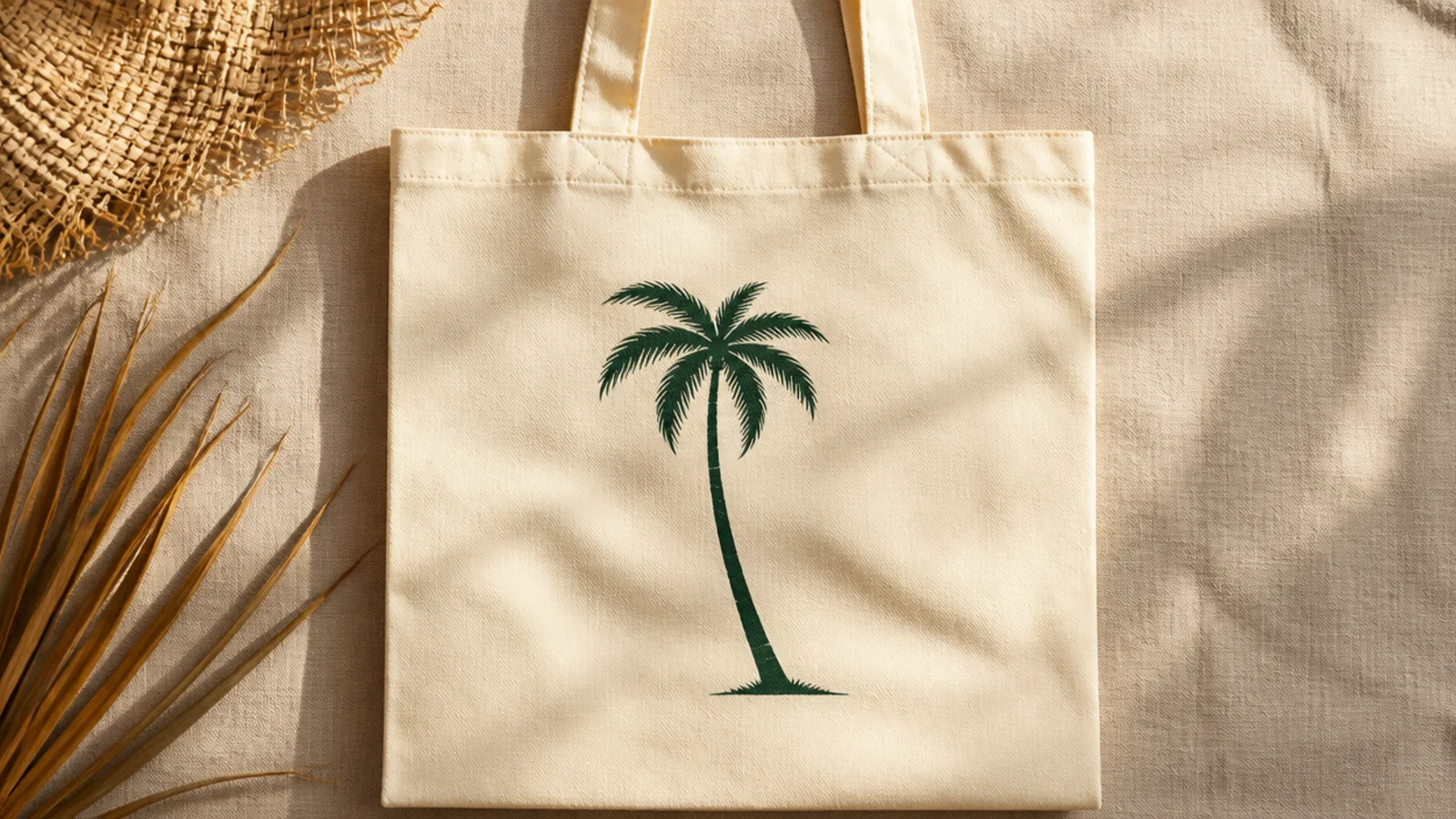 A cream canvas tote with a single leaning palm tree silhouette in dark green with a slightly curved trunk on the front.