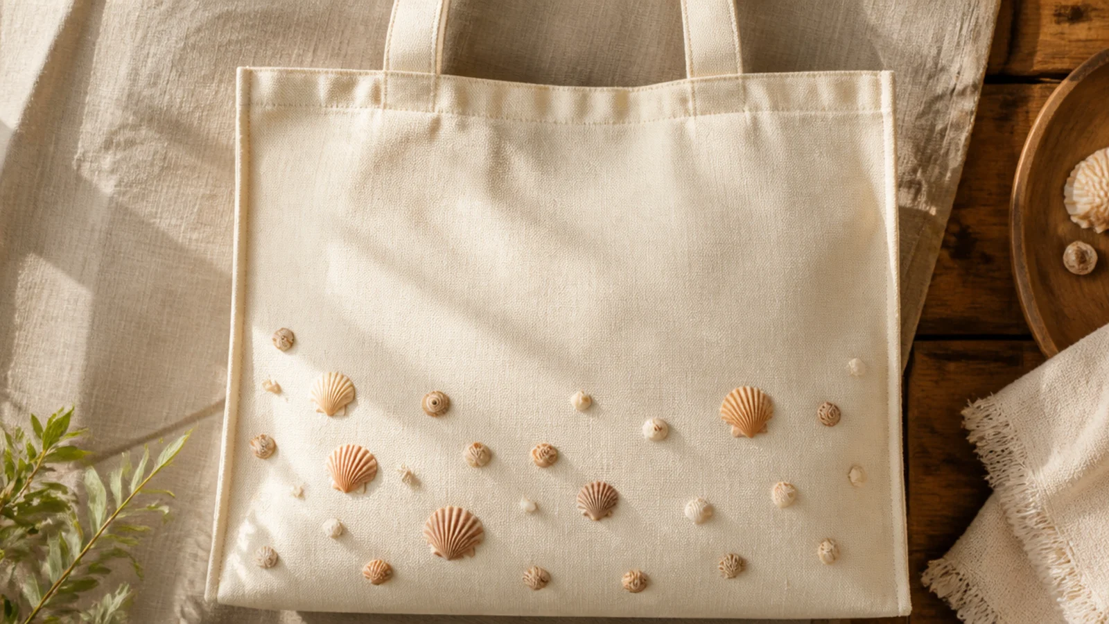 A cream canvas tote with a light scatter of small scallop and spiral shells in sandy tan and blush across the lower front.