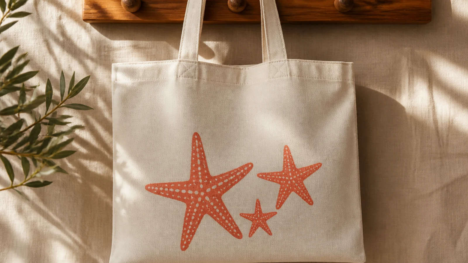 A cream canvas tote with three coral-orange starfish of different sizes with dotted texture arranged on the lower front.