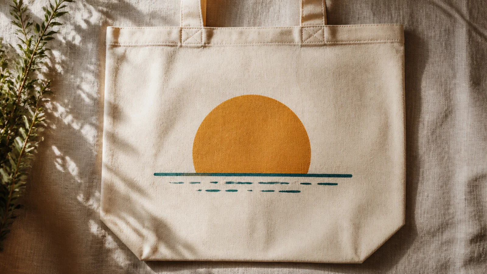 A cream canvas tote with a large ochre sun sitting on a straight teal horizon line with a few short wave dashes below.