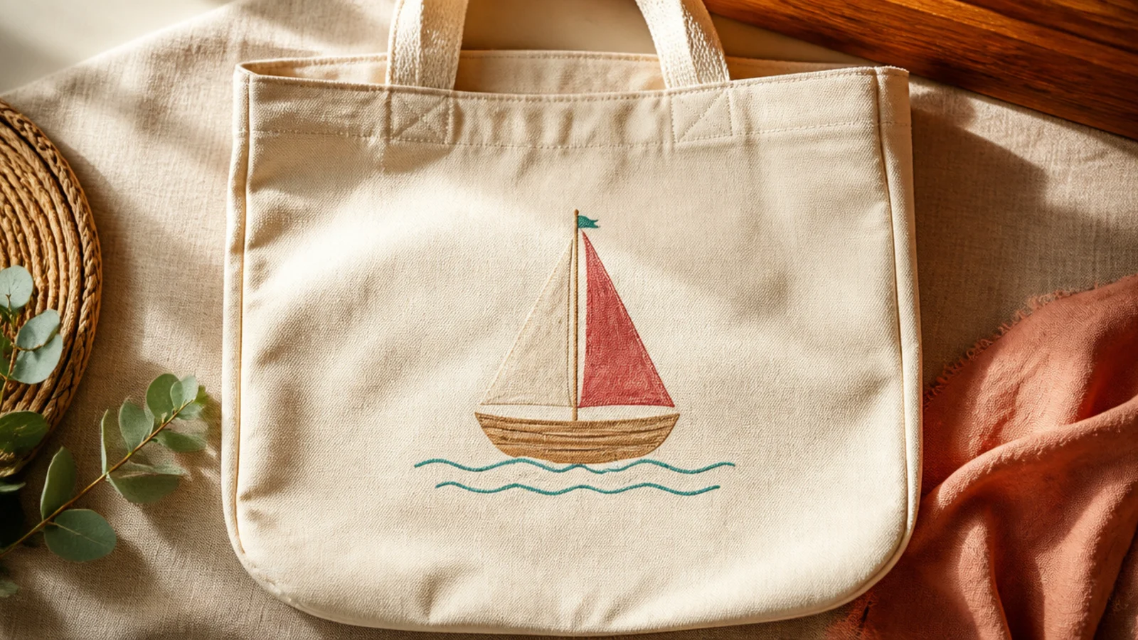 A cream canvas tote with a small sailboat, a tan hull and two triangular cream-and-coral sails, on a few teal wave lines.