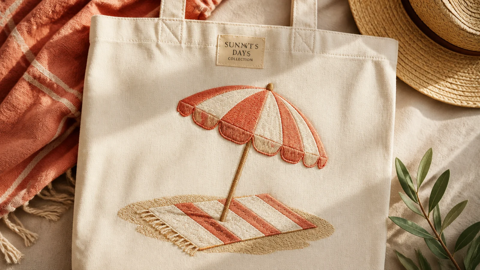 A cream canvas tote with a striped coral-and-cream beach umbrella over a small striped towel on a strip of sandy tan.