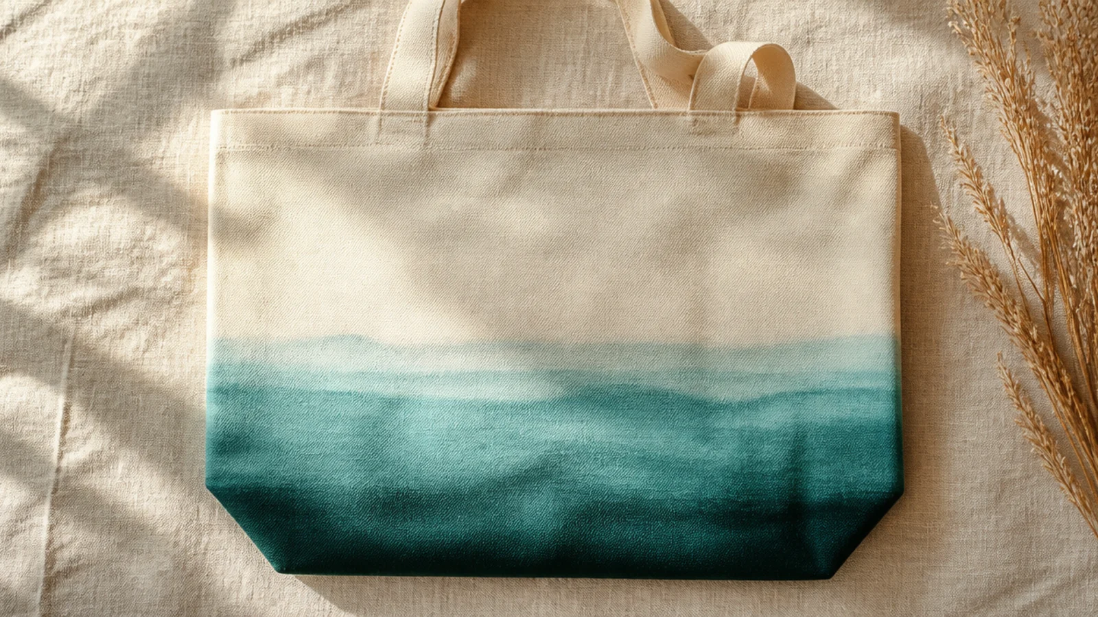 A cream canvas tote with a smooth ocean gradient band from pale aqua at the top to deep teal at the bottom across the lower half.