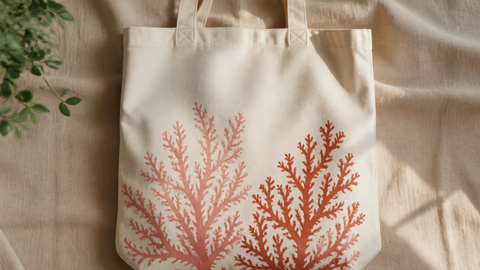 A cream canvas tote with two branching coral shapes in coral-pink and rust rising from the lower front like sea coral.