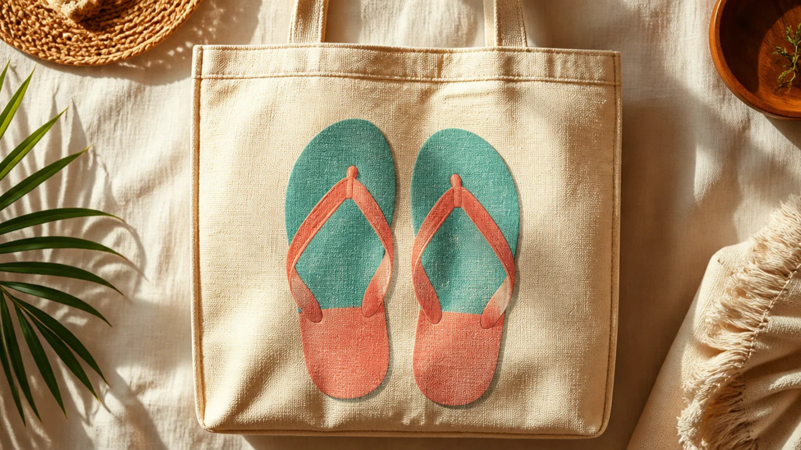 A cream canvas tote with a pair of flip-flops in teal and coral with simple straps arranged side by side on the front.