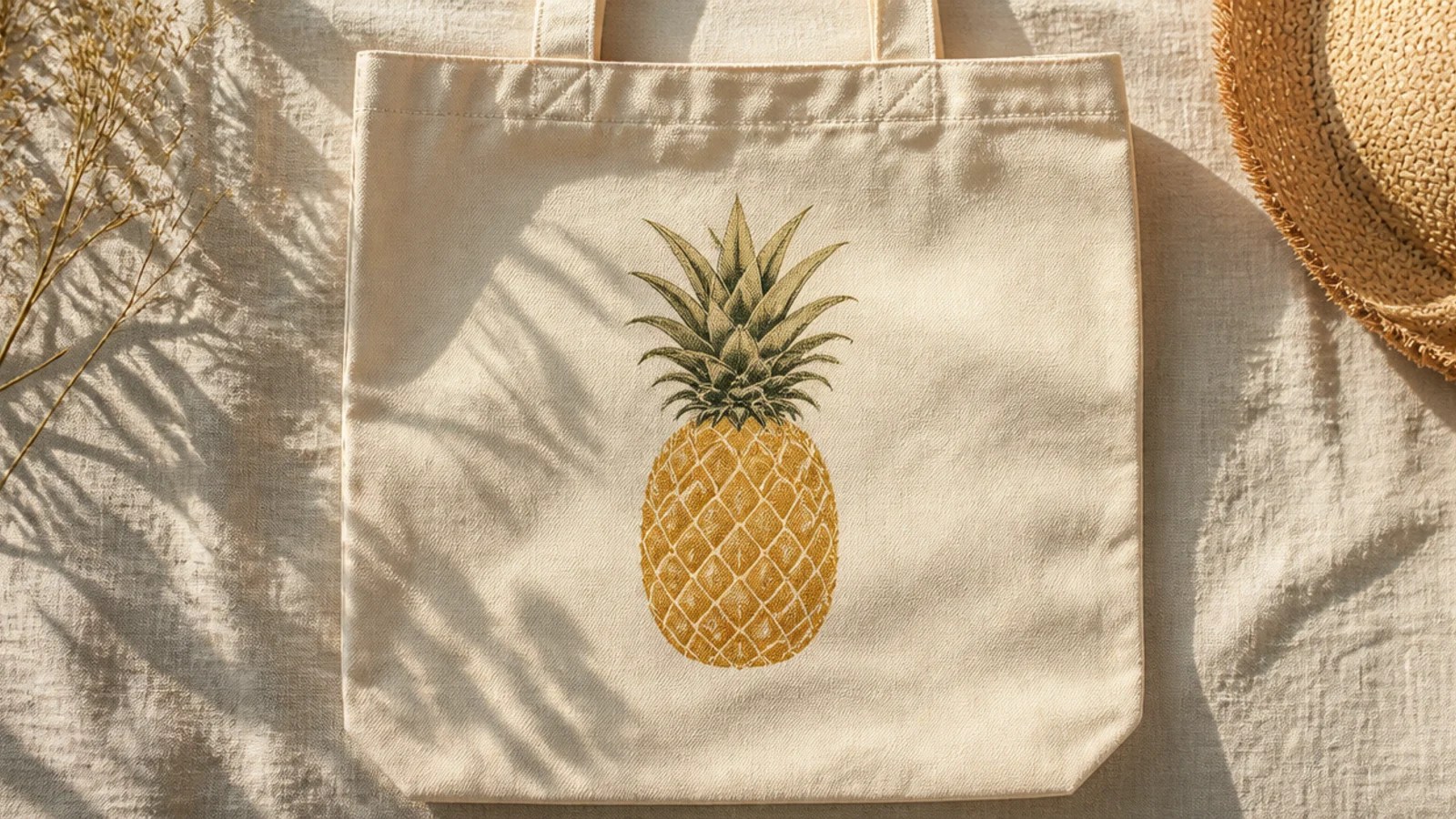 A cream canvas tote with a single golden pineapple with a green spiky crown and a cross-hatched body centered on the front.