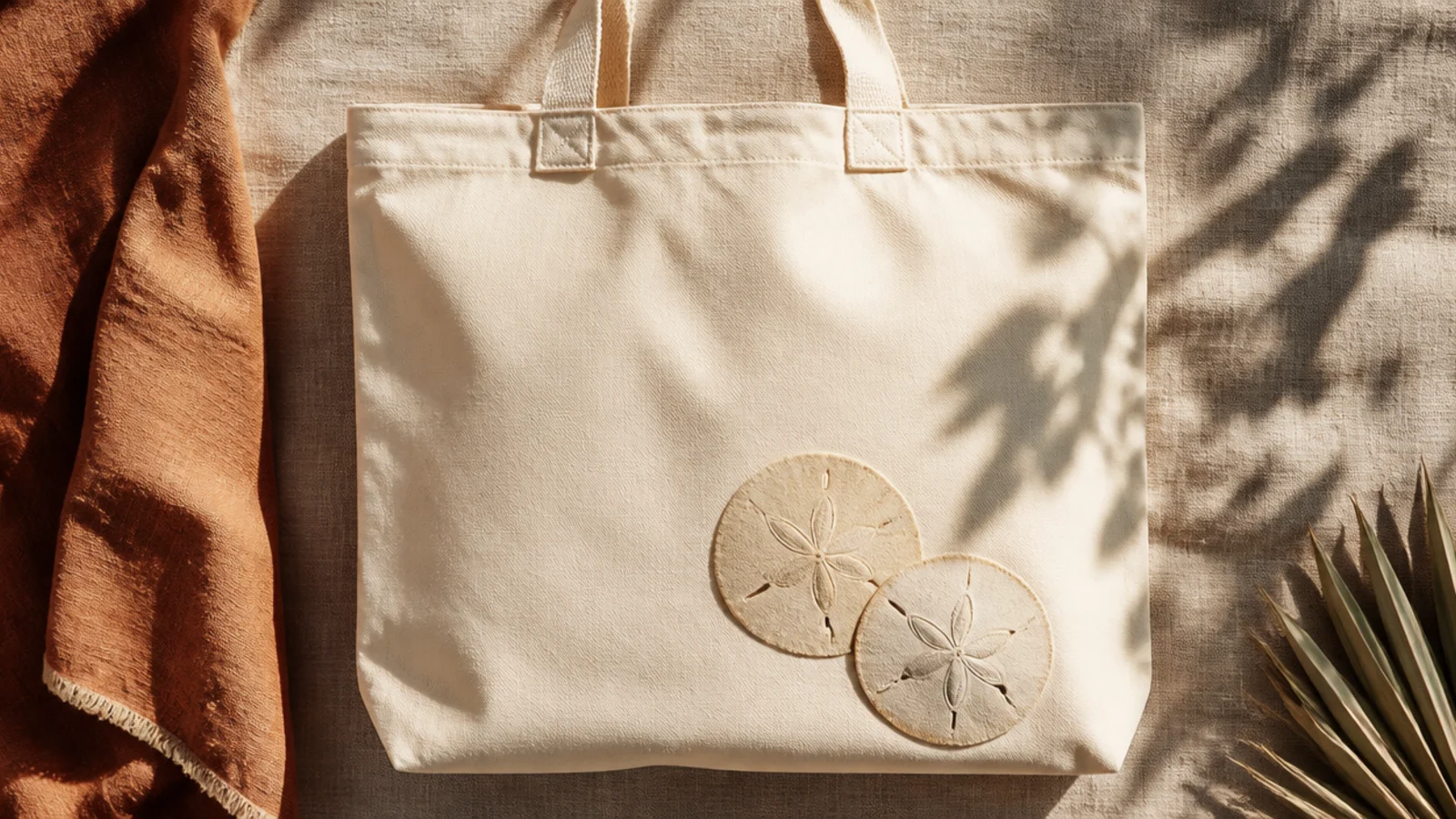 A cream canvas tote with two pale sandy sand dollars showing the classic five-petal flower pattern on the lower front.